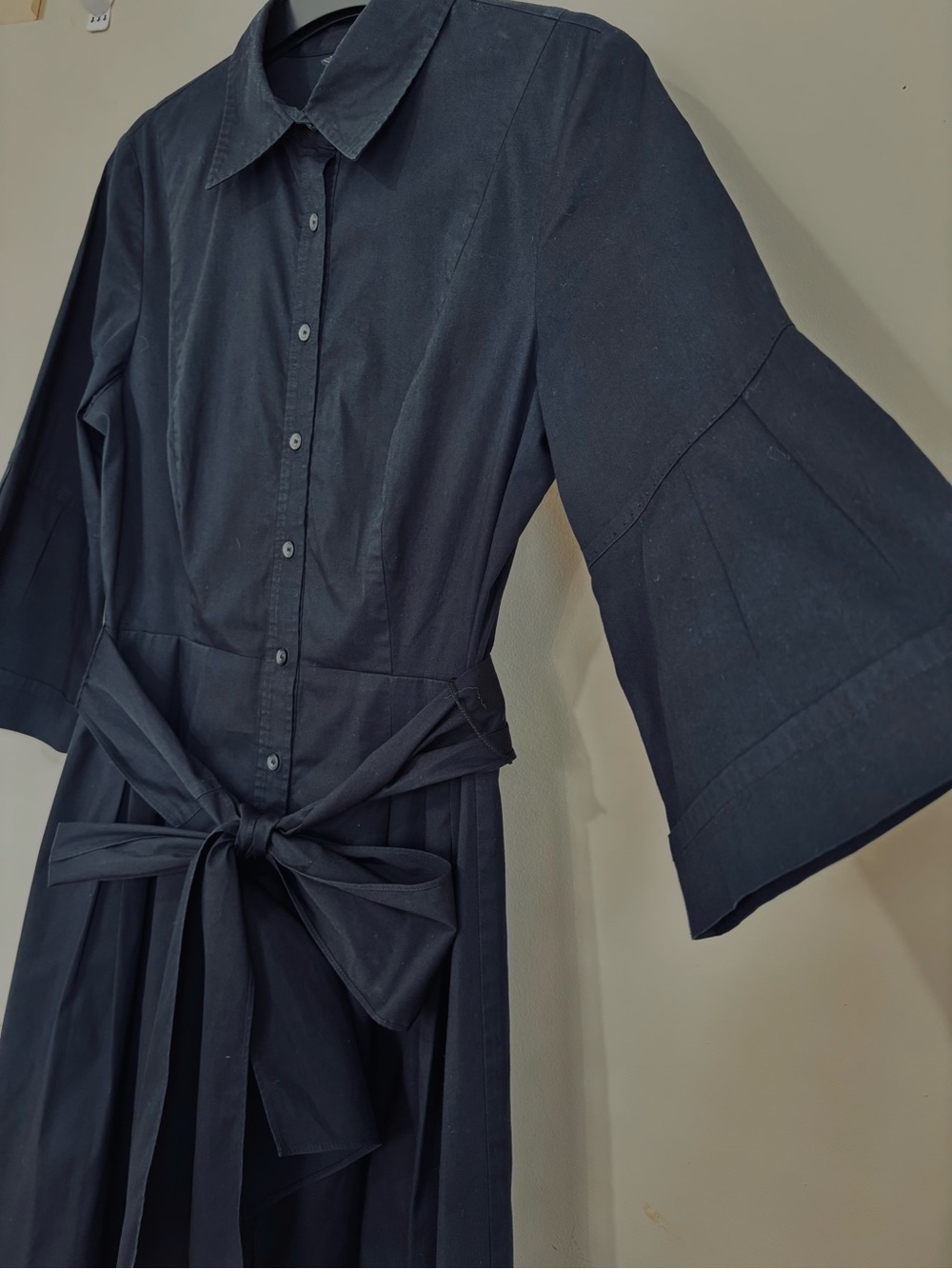 T Tahari Office black cotton button up 3/4 long sleeve belted A-line shirt dress - Picture 4 of 16